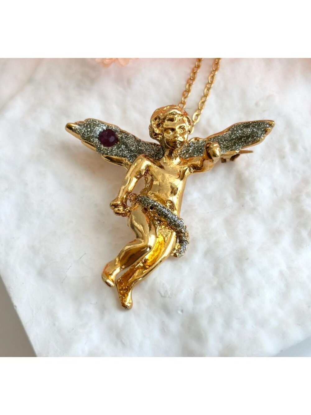 Kirks Folly Cherub Gold Toned & Glittered 80's Vintage Pendant | Brooch Necklace